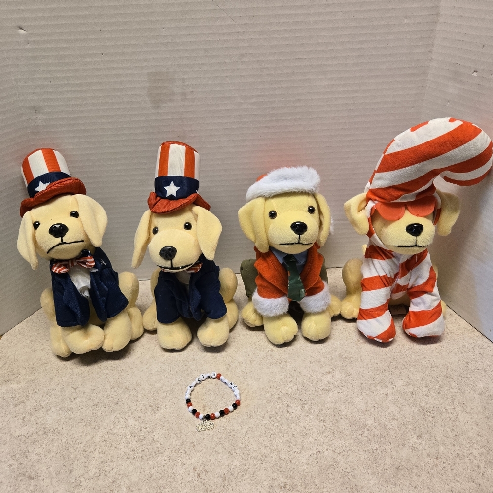 Raising Canes Plush Dogs Lot of 4 Patriotic And Christmas And Stretch Bracelet
